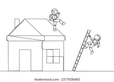 Single continuous line drawing astronaut kicks opponent who climbs a miniature house with the stairs. Metaphor of fraud committed by house developers. Bad business. One line design vector illustration