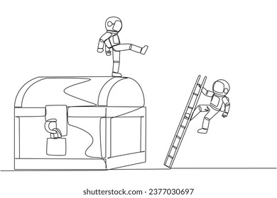 Single continuous line drawing the astronaut kicks opponent who climbs the treasure chest with ladder. Greed for wealth. Betrayal. Unfair business competition. One line design vector illustration