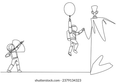 Single continuous line drawing astronaut wants to achieve prizes at the peak of the career. Getting resistance from all directions. Painful failure. The traitor. One line design vector illustration