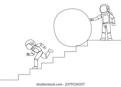 Single continuous line drawing the astronaut running down stairs avoiding big ball. Attacked by business friends. Traitor in business. Cheating in business. Betray. One line design vector illustration