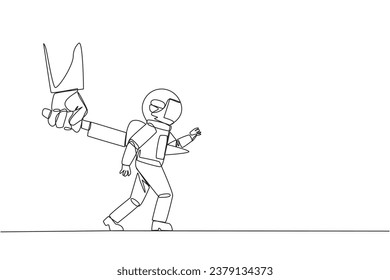 Single continuous line drawing astronaut stabbed in the back by a large knife. Cheated to ruin by a business partner. An enemy disguised as a friend. The traitor. One line design vector illustration