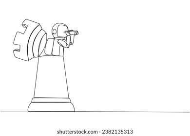 Single continuous line drawing astronaut emerges from a chess piece rook looking for something through binoculars. Gather plans so that perfect during expedition. One line design vector illustration