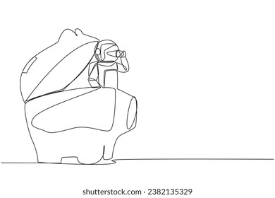 Single continuous line drawing astronaut emerges from piggy bank looking for something through binoculars. The benefits gained are many. Use it to save. The rich. One line design vector illustration