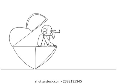 Der Astronaute mit einer durchgehenden Linie, der aus der Herzform hervorgeht, sucht nach etwas mit Ferngläsern. Starke Entschlossenheit, nach der Rückkehr von der Expedition zu heiraten. Eine Linie, Vektorgrafik