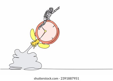 Single continuous line drawing of astronaut riding alarm clock rocket flying in moon surface. Time management to finishing spaceship project. Cosmonaut deep space. One line design vector illustration