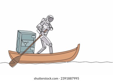 Single continuous line drawing astronaut sailing away on boat with safe deposit box. Bank deposit protection for space mission. Cosmonaut deep space. One line draw graphic design vector illustration