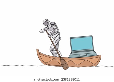 Single continuous line drawing astronaut sailing away on boat with laptop computer. High-tech to carry out intergalactic exploration missions. Cosmonaut deep space. One line design vector illustration