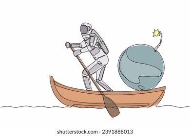Un único astronauta de línea continua navegando en bote con bomba. Terminación de la misión espacial debido a la explosión de la crisis financiera mundial. Espacio profundo cosmonauta. Ilustración vectorial de diseño de una línea