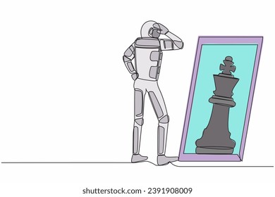 Single continuous line drawing astronaut standing in front of mirror reflecting chess king. Imagination and ambition to be greatest spaceman. Cosmonaut deep space. One line design vector illustration