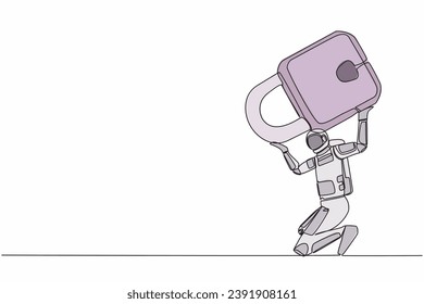Single continuous line drawing astronaut carrying heavy padlock on his back. Space industry bankruptcy due to Covid-19 pandemic. Cosmonaut deep space. One line draw design vector graphic illustration