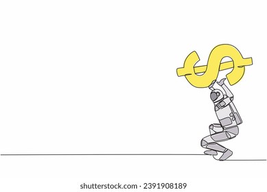 Single continuous line drawing astronaut carrying heavy dollar symbol on his back. Overworked and debt pressure in space company. Cosmonaut deep space. One line draw design vector graphic illustration