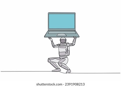 Single continuous line drawing astronaut carrying heavy laptop computer on his back. Fatigue or burnout work at space industry. Cosmonaut deep space. One line draw design vector graphic illustration