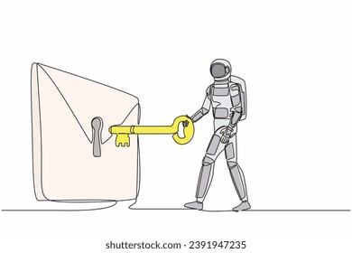 Un astronauta de dibujo de línea continua que pone una gran llave en el correo. Protección digital de mensajes o sistema de seguridad de correo electrónico en la empresa de nave espacial. Espacio profundo cosmonauta. Ilustración vectorial de diseño de una línea
