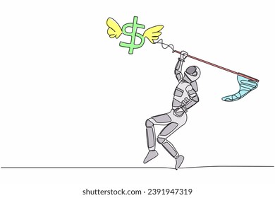 Single continuous line drawing astronaut try to catching flying dollar sign symbol with butterfly net. Economic crisis impacted space company. Cosmonaut deep space. One line design vector illustration