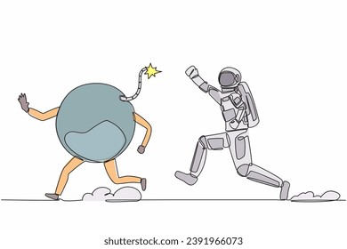Single continuous line drawing astronaut run chasing bomb in moon surface. Closed spaceship company due to exploding financial crisis. Cosmonaut deep space. One line design vector graphic illustration