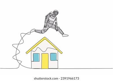 Un astronauta de dibujo de línea continua saltando sobre la casa en la superficie de la luna. Préstamos inmobiliarios en vivienda en el planeta exterior. Espacio profundo cosmonauta. ilustración vectorial de diseño gráfico de una línea