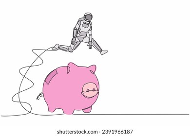 Un solo dibujo de línea continua de astronauta saltando sobre el banco de cerdos. Almacenamiento de dinero de seguridad, ahorro para inversión en proyectos de nave espacial. Espacio profundo cosmonauta. Ilustración vectorial de diseño gráfico de una línea