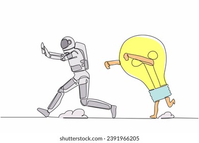 Single continuous line drawing astronaut being chased by light bulb. Afraid with innovation expedition idea. Spaceship tech industry. Cosmonaut deep space. One line graphic design vector illustration