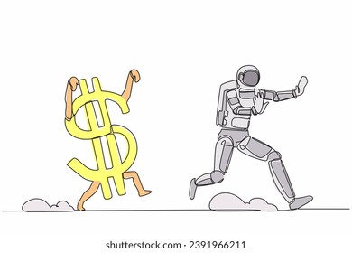 Single continuous line drawing astronaut being chased by dollar symbol. Afraid with economic or financial crisis in spaceship company. Cosmonaut deep space. One line graphic design vector illustration