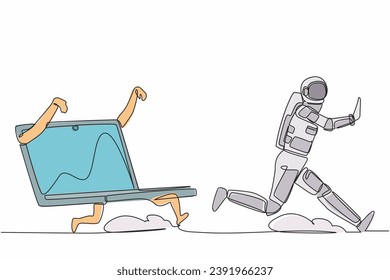 Astronauta de dibujo de línea continua única perseguida por ordenador portátil. Hombres espaciales en la expedición de naves espaciales, fecha límite de la industria espacial. Espacio profundo cosmonauta. Ilustración vectorial de diseño gráfico de una línea