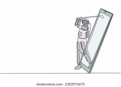 Single continuous line drawing astronaut golf player swing golf club getting out of smartphone screen. Online golf game with mobile app. Cosmonaut deep space. One line draw design vector  illustration