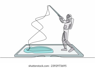 Single continuous line drawing astronaut fishing on smartphone screen. Spaceman standing and fishing with rod. Fisherman mobile app. Cosmonaut deep space. One line graphic design vector illustration