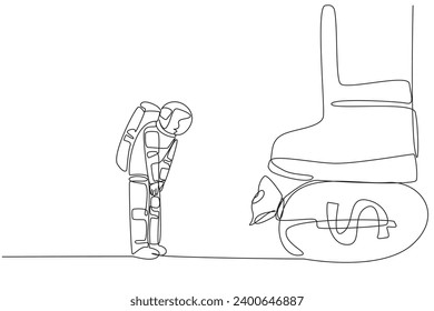 Single continuous line drawing astronaut nodded in front of giant foot stepping on money bag. Orders collect large amounts of money. Preparing to land on the moon. One line design vector illustration