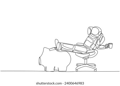 Single continuous line drawing astronaut sitting in work chair holding mug. Foot resting on piggy bank. Relax and wait for space expeditions departure schedule. One line design vector illustration