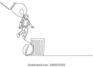 Single continuous line drawing astronaut is lifted by a giant hand will be put into trash can. Destroyer of space expedition mission plans. Cosmonaut outer space. One line design vector illustration