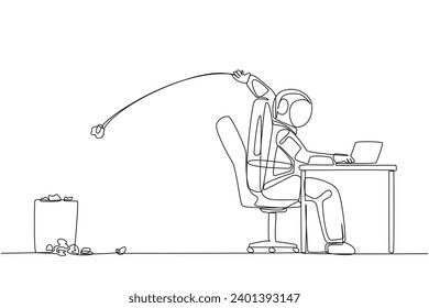 Single continuous line drawing astronaut typing at a work desk throwing wads of paper into trash. Creating scientific journal of space expeditions that always fail. One line design vector illustration