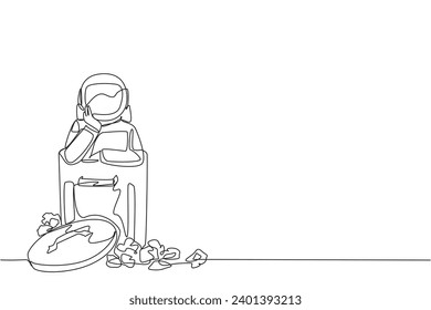 Una sola línea continua dibujando el astronauta está en la basura. La compañía de transbordadores espaciales quebró. No hubo expediciones de regreso al espacio. Concepto cosmonauta. Ilustración vectorial de diseño de una línea