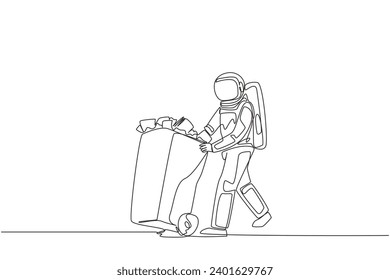 Single continuous line drawing astronaut pushing a trash can filled with wads of paper. Throw away training notes that are no longer used during space expeditions. One line design vector illustration