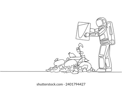 Single continuous line drawing astronaut throws rubbish into rubbish pile. Environmental care. Dispose of remaining supplies during the expedition. Outer space. One line design vector illustration