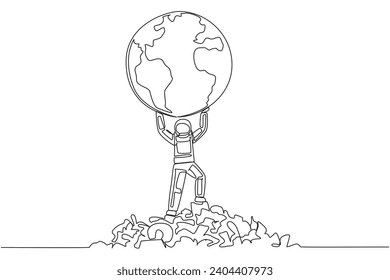 Single continuous line drawing astronaut raises globe with both hands. Earth is no longer beautiful. Must immediately fight to be protected at all costs. Spaceman. One line design vector illustration