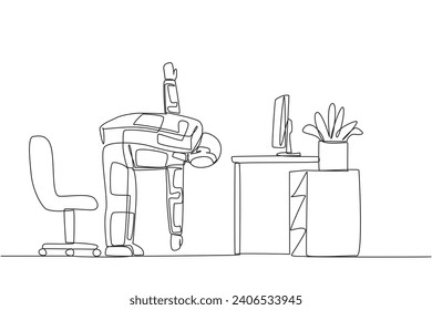 Single continuous line drawing astronaut stands with one hand raised and the other hand holding the tip of leg. Warm up before writing a space expedition report. One line design vector illustration