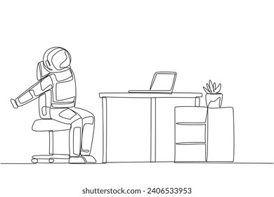 Single continuous line drawing astronaut sitting in work chair stretching arms behind back. Relax. Stretch arms because hand muscles are starting to feel stiff. One line design vector illustration
