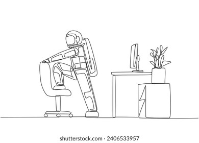 Single continuous line drawing the astronaut stands while lifting one of his legs onto a chair. Make time for light exercise in the midst of the busy schedule. One line design vector illustration