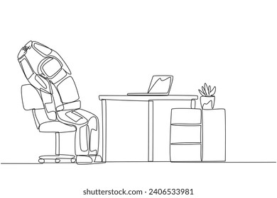 Single continuous line drawing astronaut sitting in work chair while raising both hands. Stretching. Squirming. Space expedition report is ready to be completed. One line design vector illustration