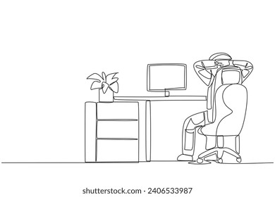 Single continuous line drawing astronaut sitting in chair with his hands holding the back of head. Rest while monitoring the location of the space expedition. One line design vector illustration