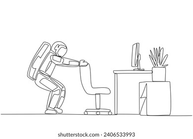 Single continuous line drawing astronaut stands with a slight bend and both hands hold the top of chair. Stretching. Nervous. It's time to go on a space expedition. One line design vector illustration