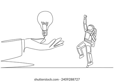 Single continuous line drawing astronaut is excited to get lightbulb from a giant hand. The need for innovation. Space mission research. Cosmonaut outer space. One line design vector illustration