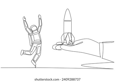 Single continuous line drawing astronaut happy to get rocket from the giant hand. A worthy gift. Getting the chance to expedition into space once again. Cosmonaut. One line design vector illustration