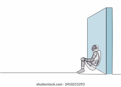 Single continuous line drawing astronaut sitting on floor and lean against wall. Sad and frustration due to space exploration failure. Cosmonaut deep space. One line graphic design vector illustration