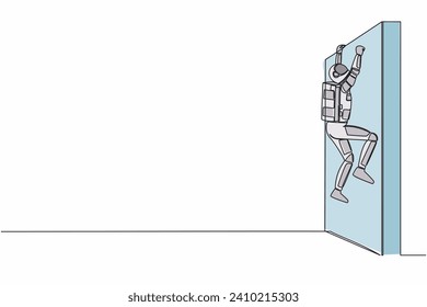 Single continuous line drawing of astronaut climbing obstacle wall in moon surface. Solve expedition problem. Future tech development. Cosmonaut deep space. One line graphic design vector illustration