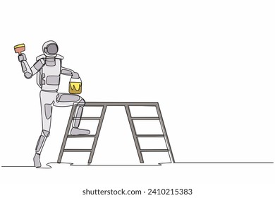 Single continuous line drawing astronaut standing with painting roller, bucket and ladder. Home decoration. Preparation house renovation. Cosmonaut deep space. One line draw design vector illustration