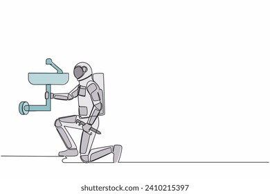 Single continuous line drawing astronaut plumber repair sink in bathroom and plumbing pipes. Spaceman ability to repair operating system. Cosmonaut deep space. One line draw design vector illustration