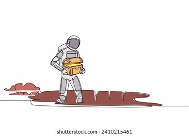 Single continuous line drawing astronaut carrying chest treasure in moon ground. Spaceman finding gem box artefact. Gold hunting. Cosmonaut deep space. One line draw graphic design vector illustration