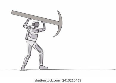 Single continuous line drawing astronaut standing and lifting big pickaxe. Depicts hard work and achievement, in galactic discovery. Cosmonaut deep space. One line graphic design vector illustration