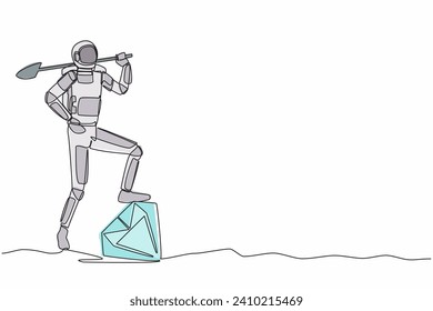 Single continuous line drawing astronaut digging ground with shovel and step on big diamond. Successful in spaceship exploration. Cosmonaut deep space. One line draw graphic design vector illustration