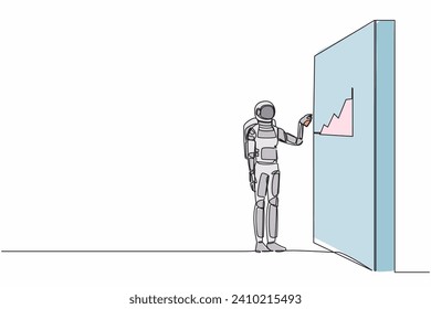 Single continuous line drawing astronaut drawing profit graph on wall in moon surface. Analysis economic opportunity in space company. Cosmonaut deep space. One line graphic design vector illustration